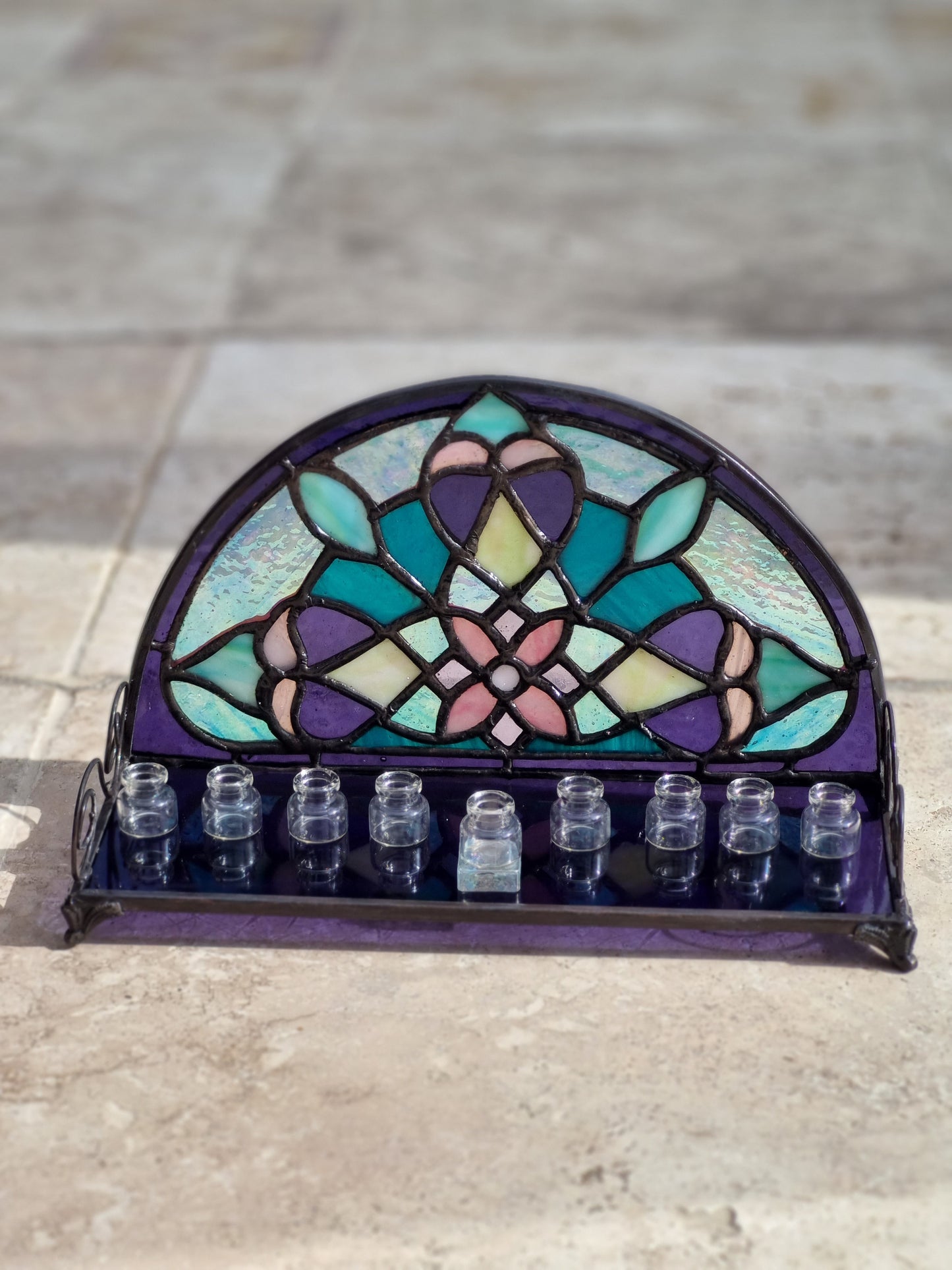 Stained glass mandala menorah – full view showing all colors