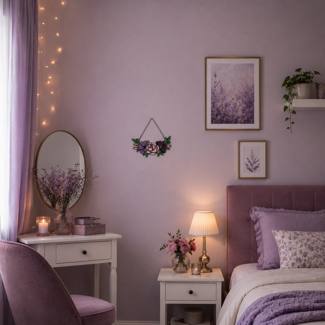 Cozy bedroom with purple walls, furniture, and decor elements.