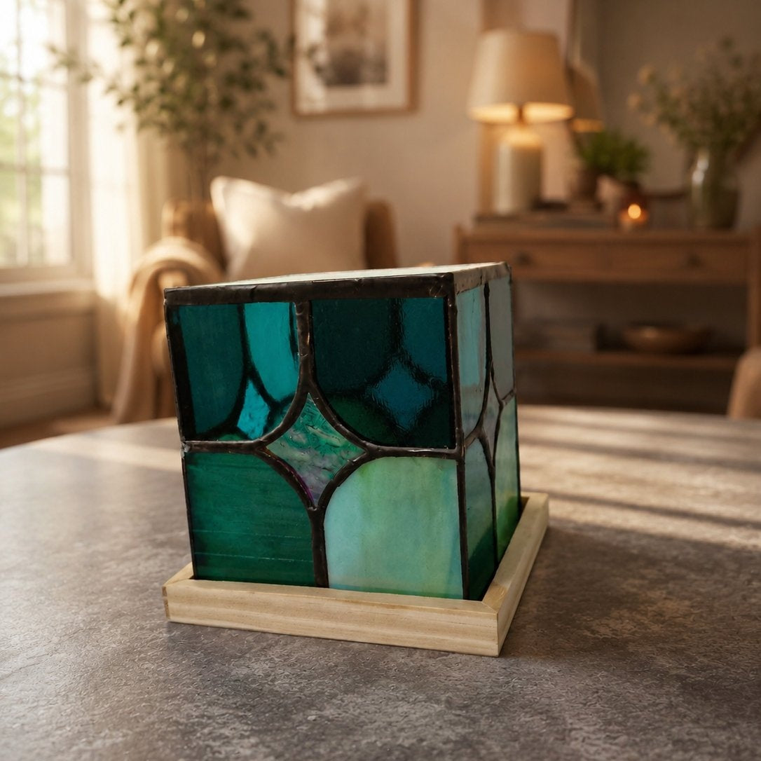 Decorative teal glass lamp on a table in a cozy living room.