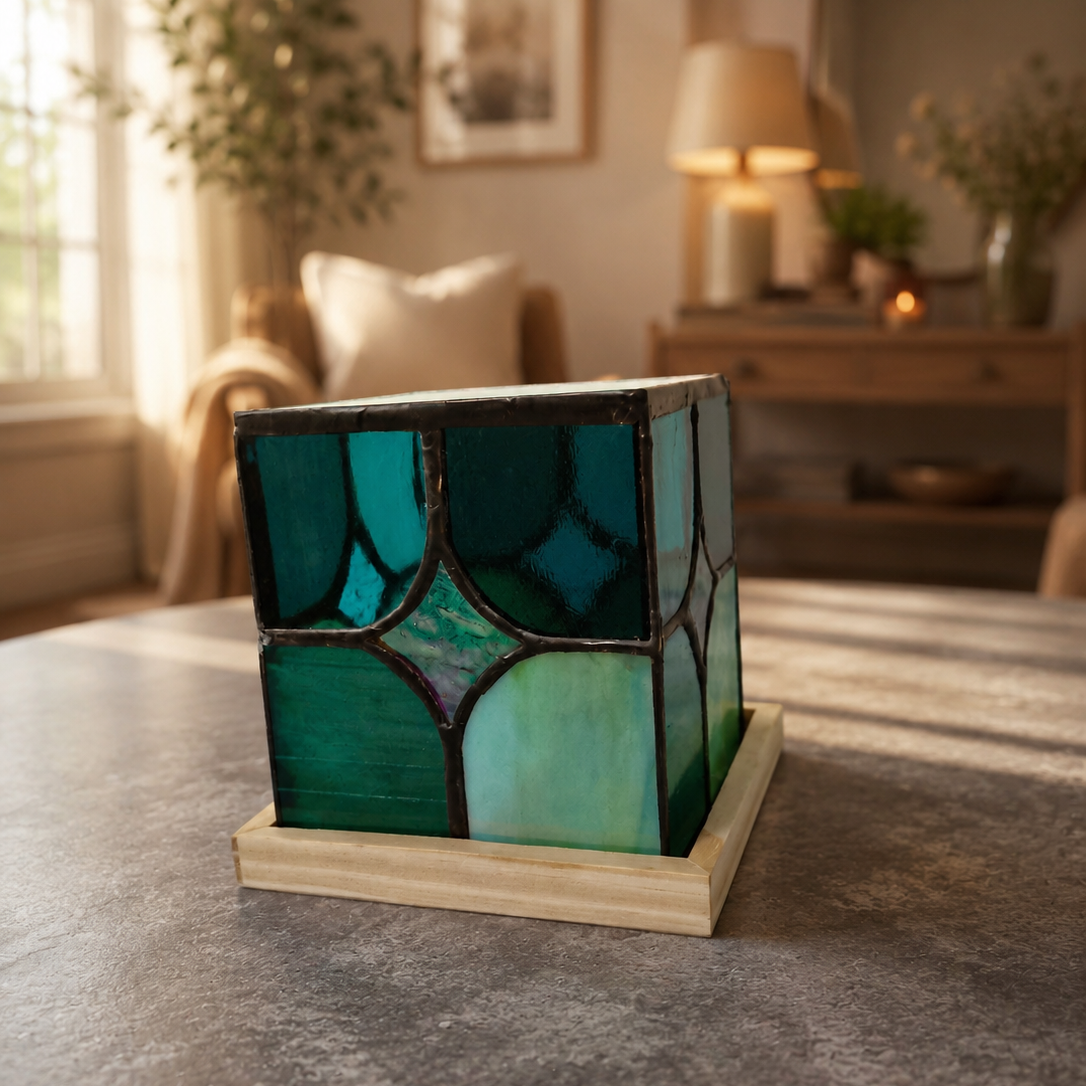 Decorative teal and green glass piece on a table in a cozy room.