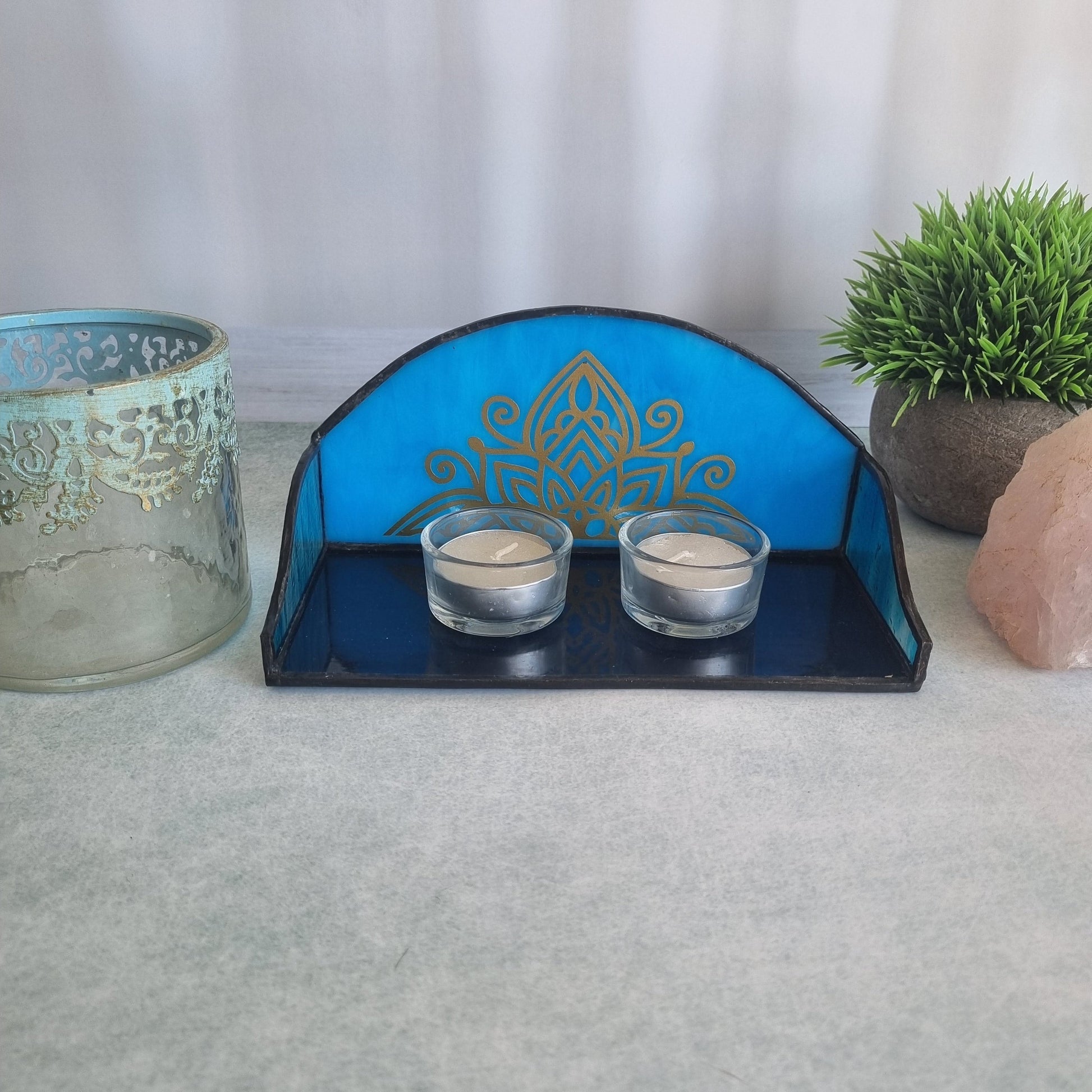 Decorated glass Shabbat candle stand – side view