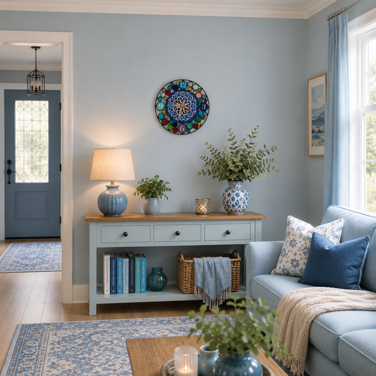 A cozy coastal-style living room in soft shades of blue, featuring a handcrafted stained glass wall clock