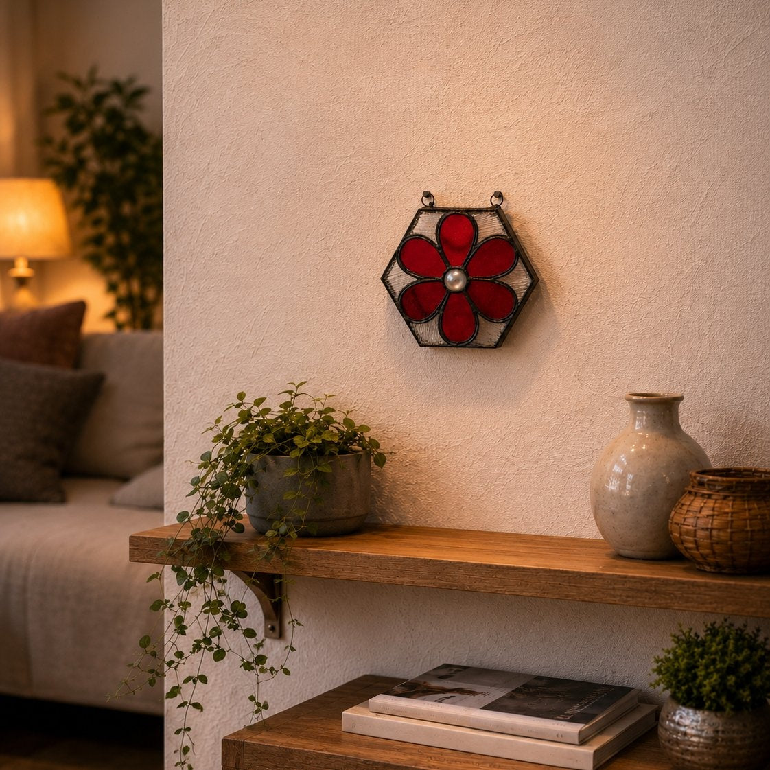 Decorative wall light fixture with red flower design in a cozy living room setting.