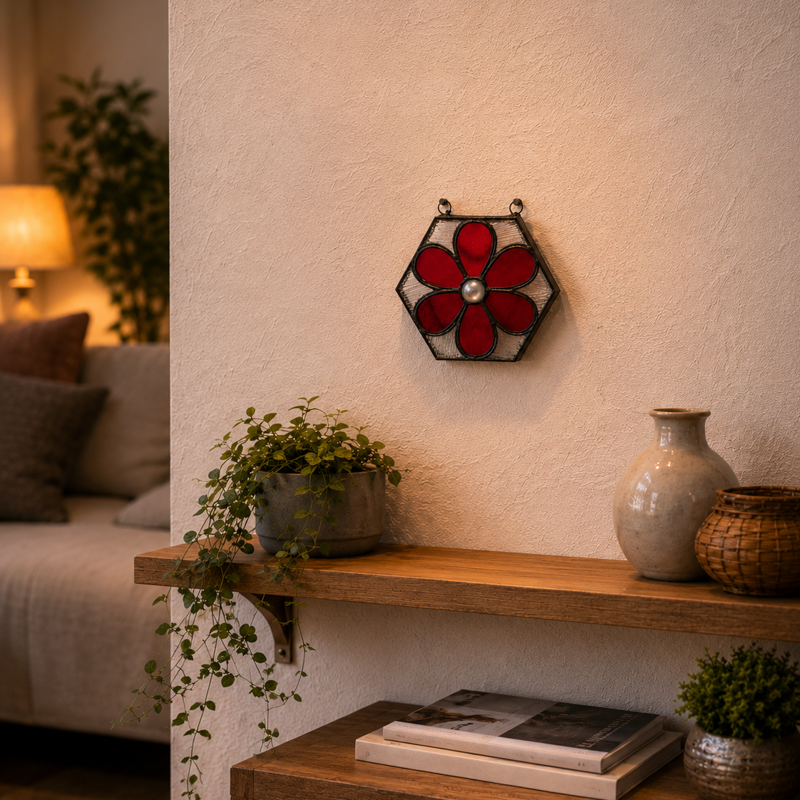 Decorative wall light fixture with red flower design in a cozy living room setting.