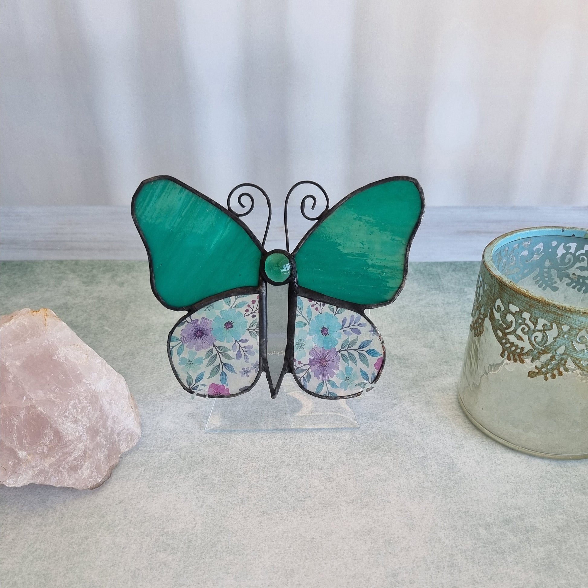 Green stained glass butterfly – side view
