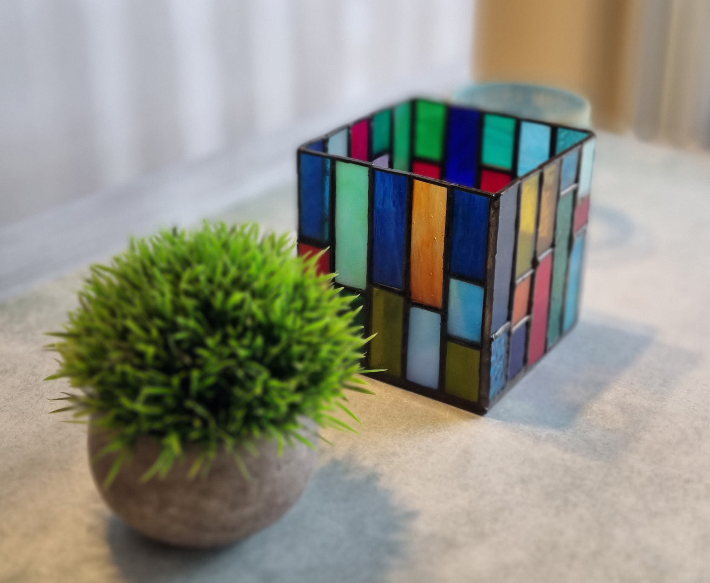 Handmade colored glass tea light holder – front view