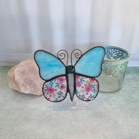 Handmade azure blue glass butterfly with flowers – front view