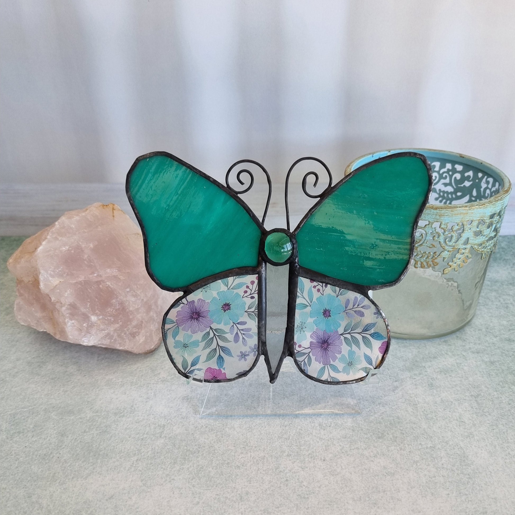 Handmade green glass butterfly with flowers – front view