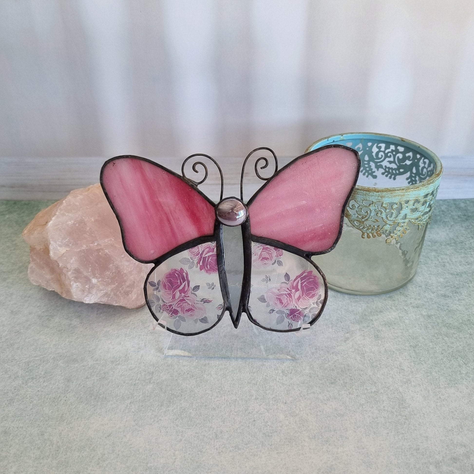 Handmade pink glass butterfly with flowers – front view