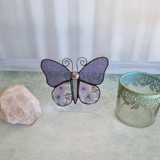 Handmade purple glass butterfly with flowers – front view