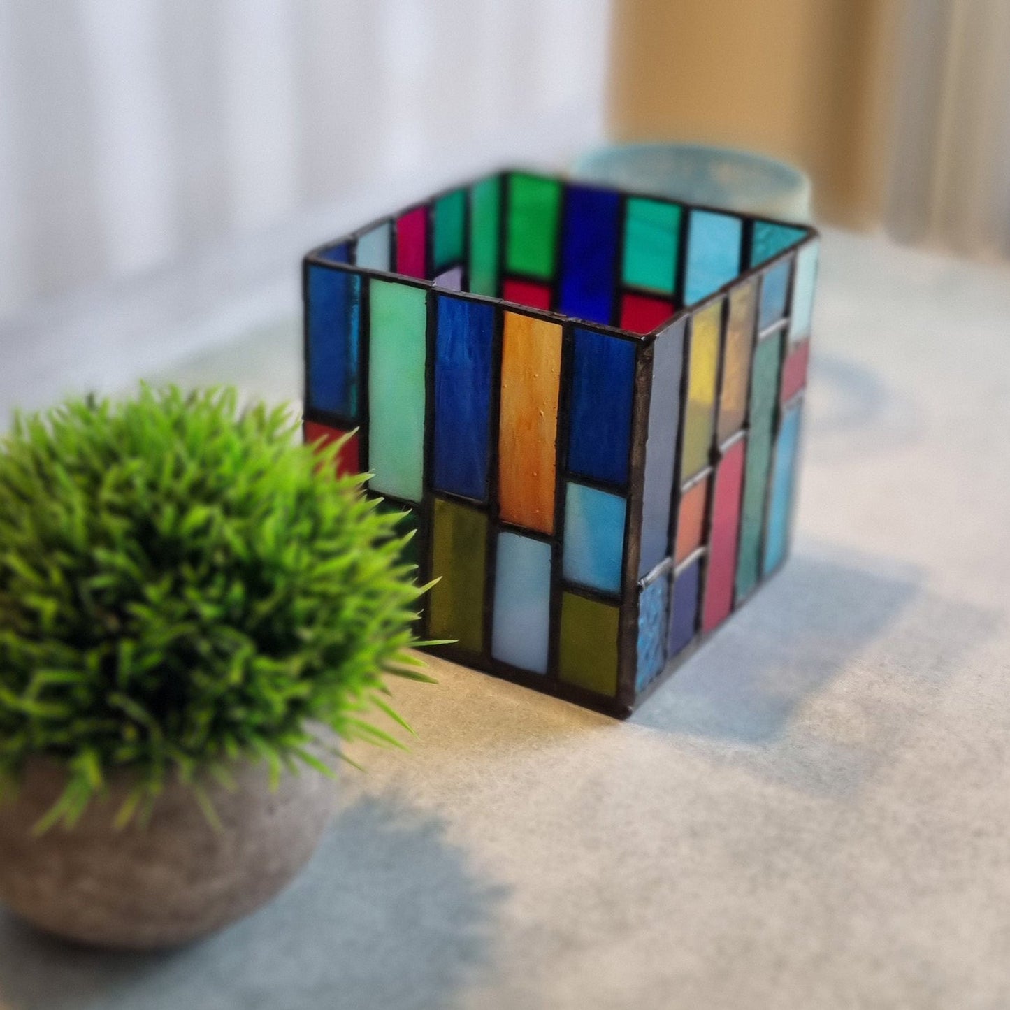 Handmade glass candle holder – colorful glass panels