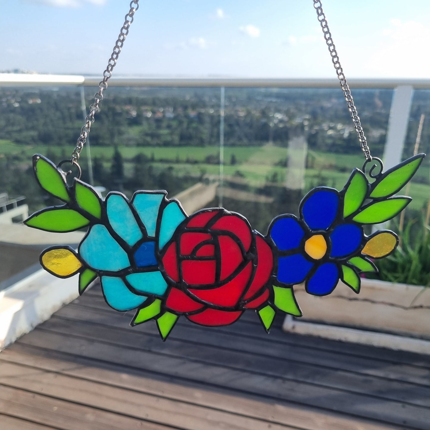 Handmade glass flowers chain wall hanging – full length view