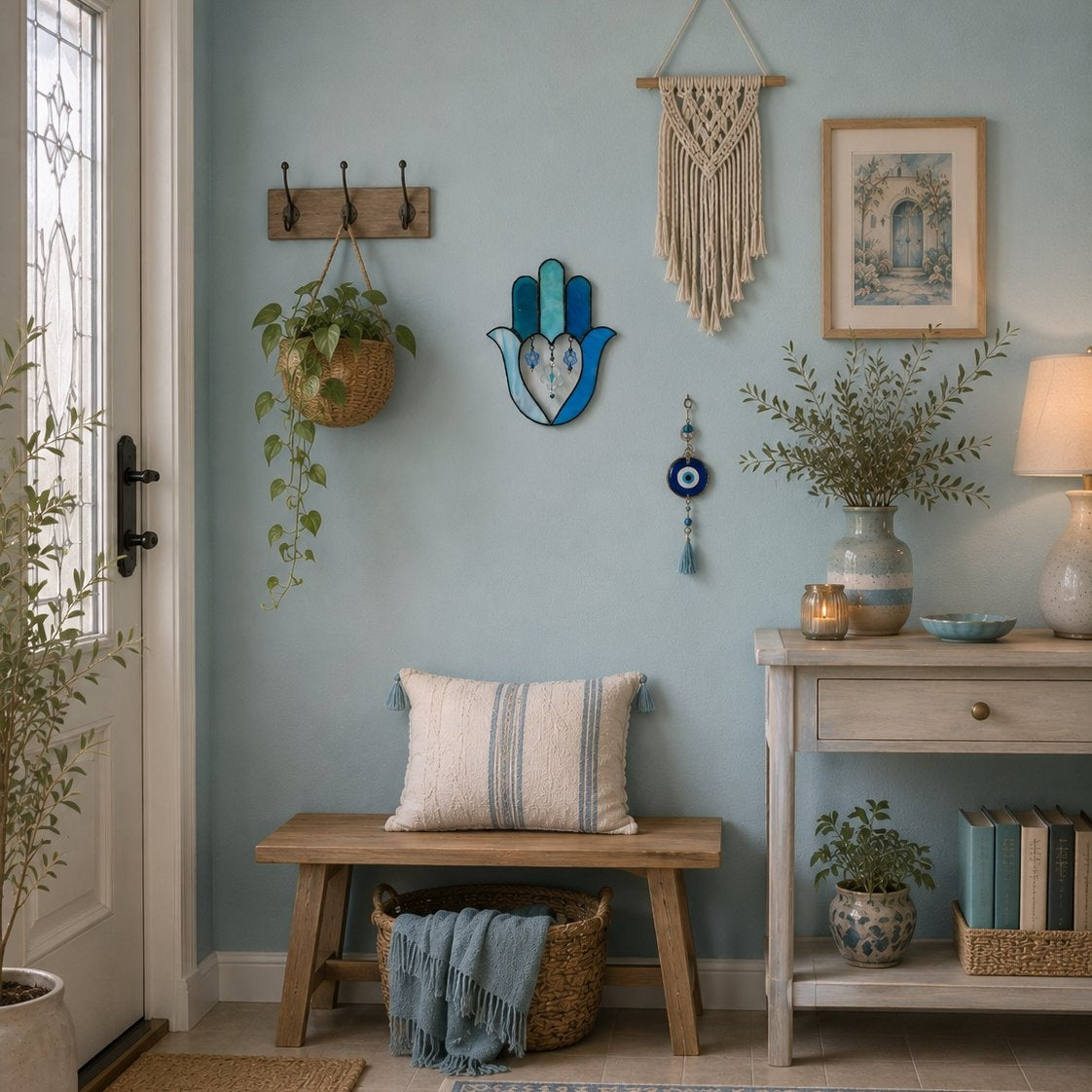 Nestled entryway with wooden bench, decorative pillows, and wall art against a light blue wall.