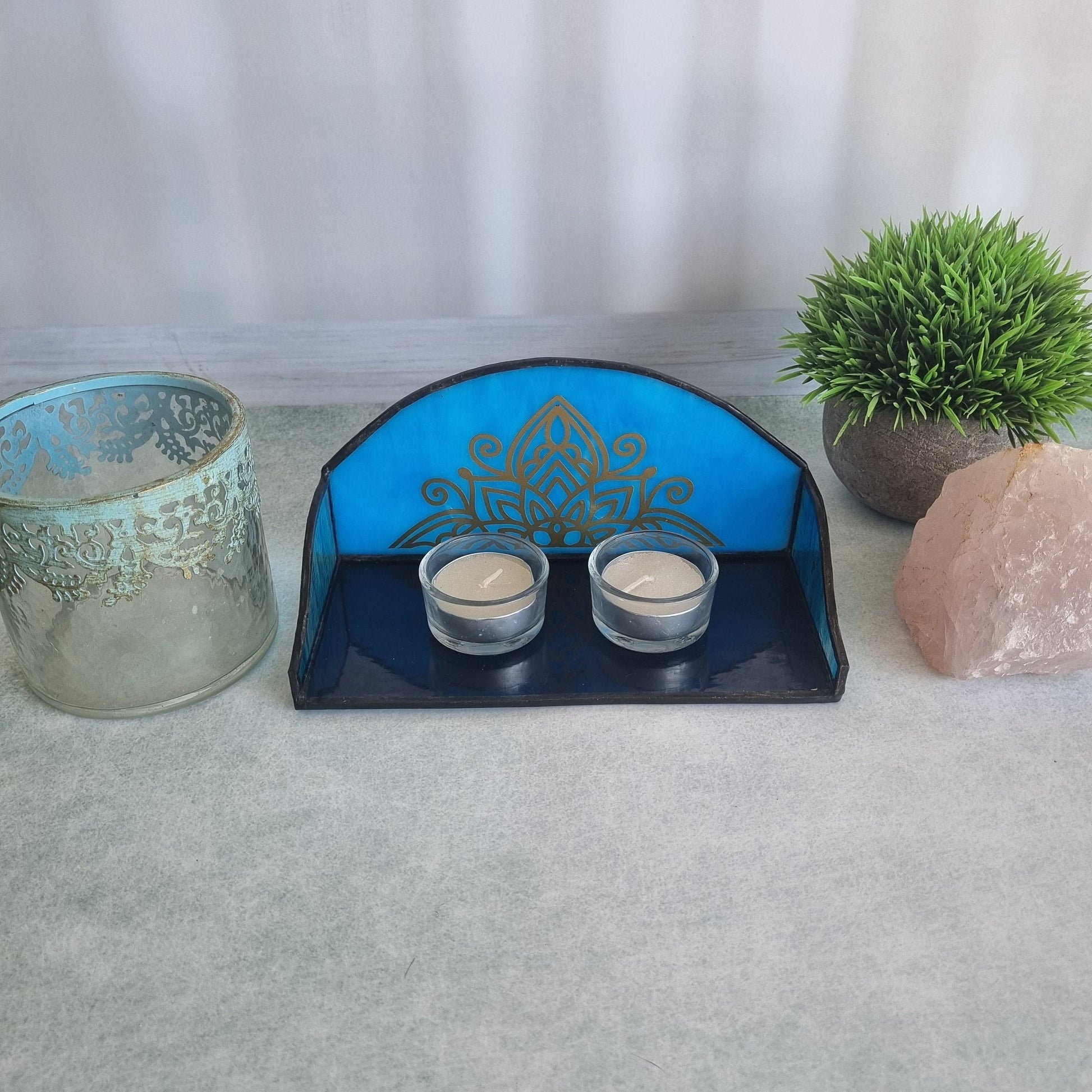 Handmade decorated glass stand for Shabbat candles – front view