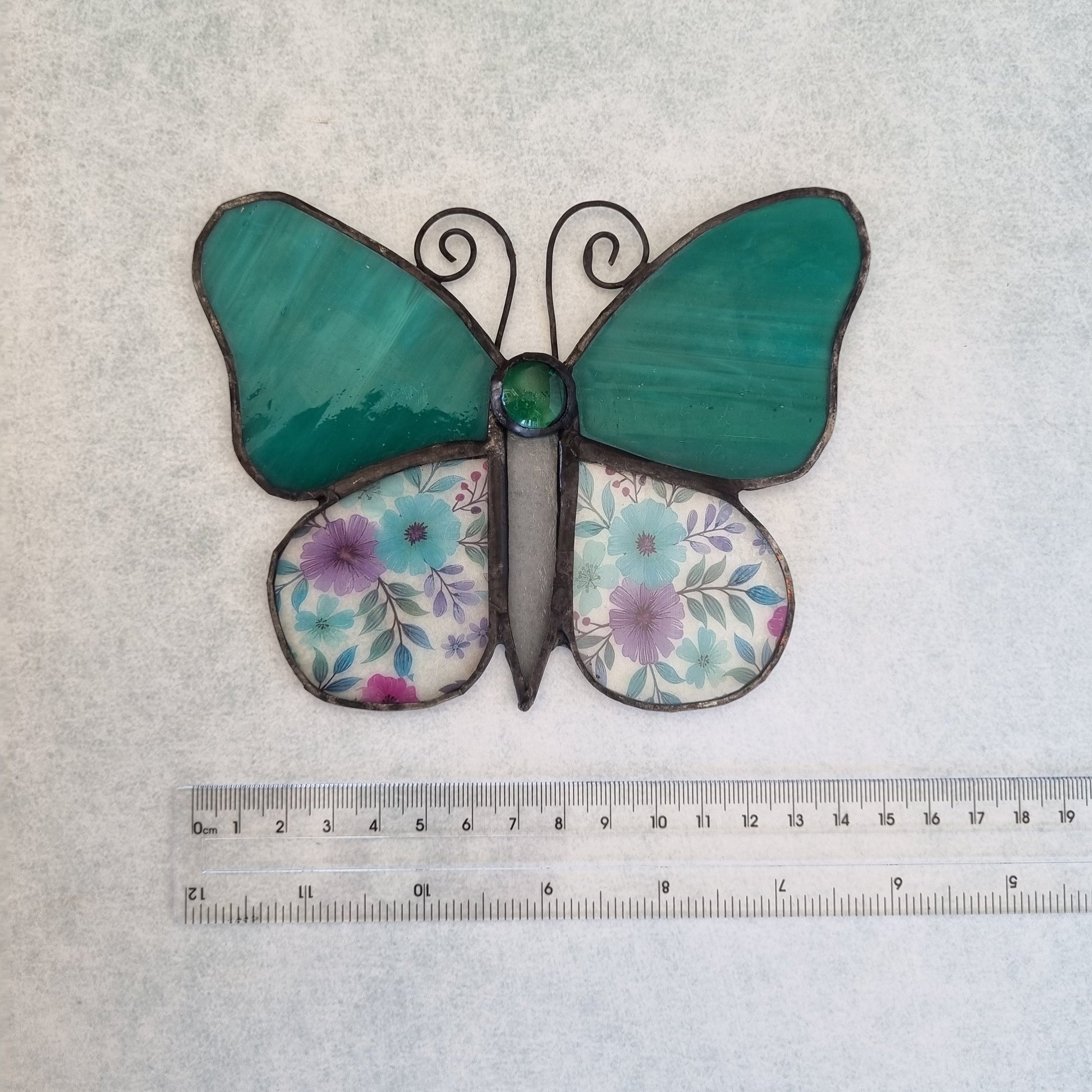 Handmade green glass butterfly wall decoration – detail