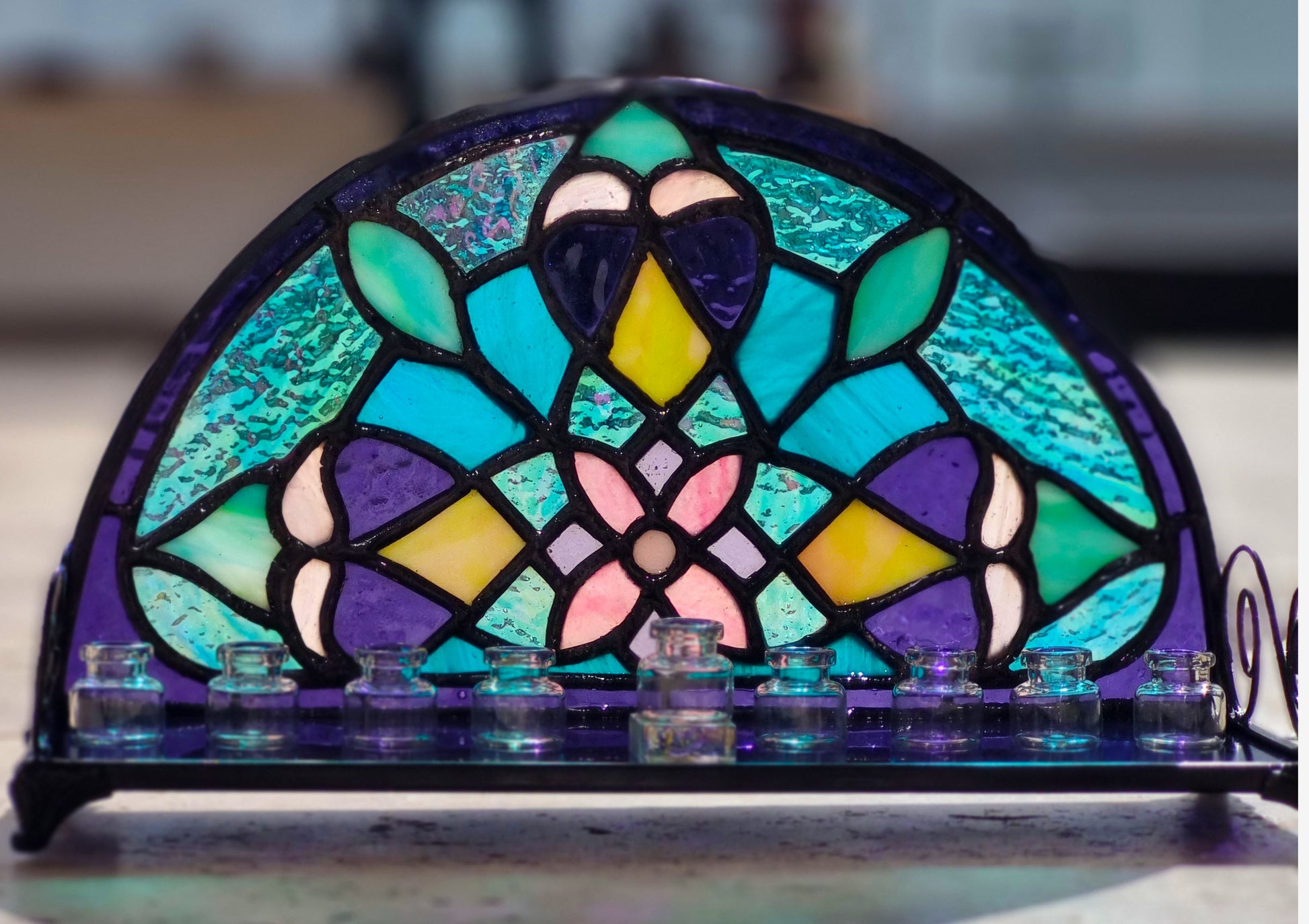 Handmade mandala Hanukkah menorah – close up glass detail