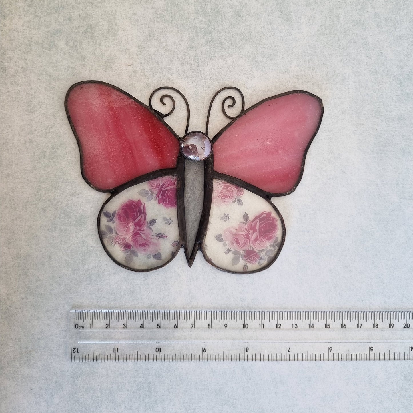 Handmade pink glass butterfly wall decoration – full view