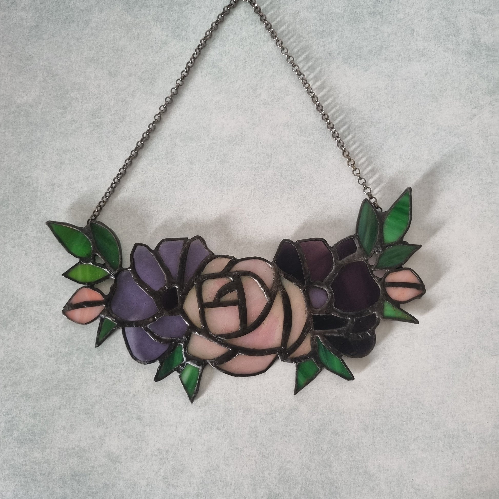 Handmade purple glass flower chain – full length view