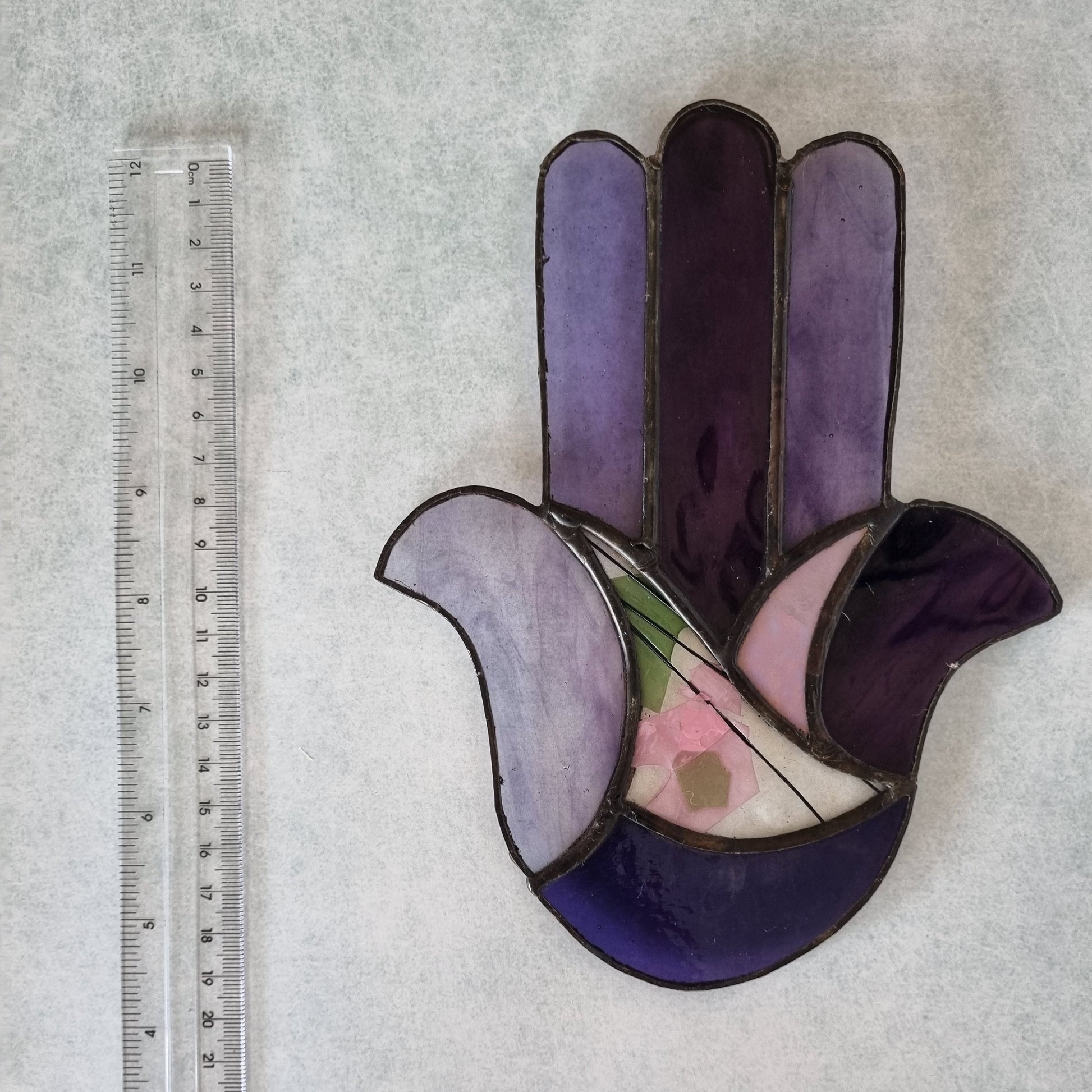 Handmade purple Hamsa glass wall art – close up detail