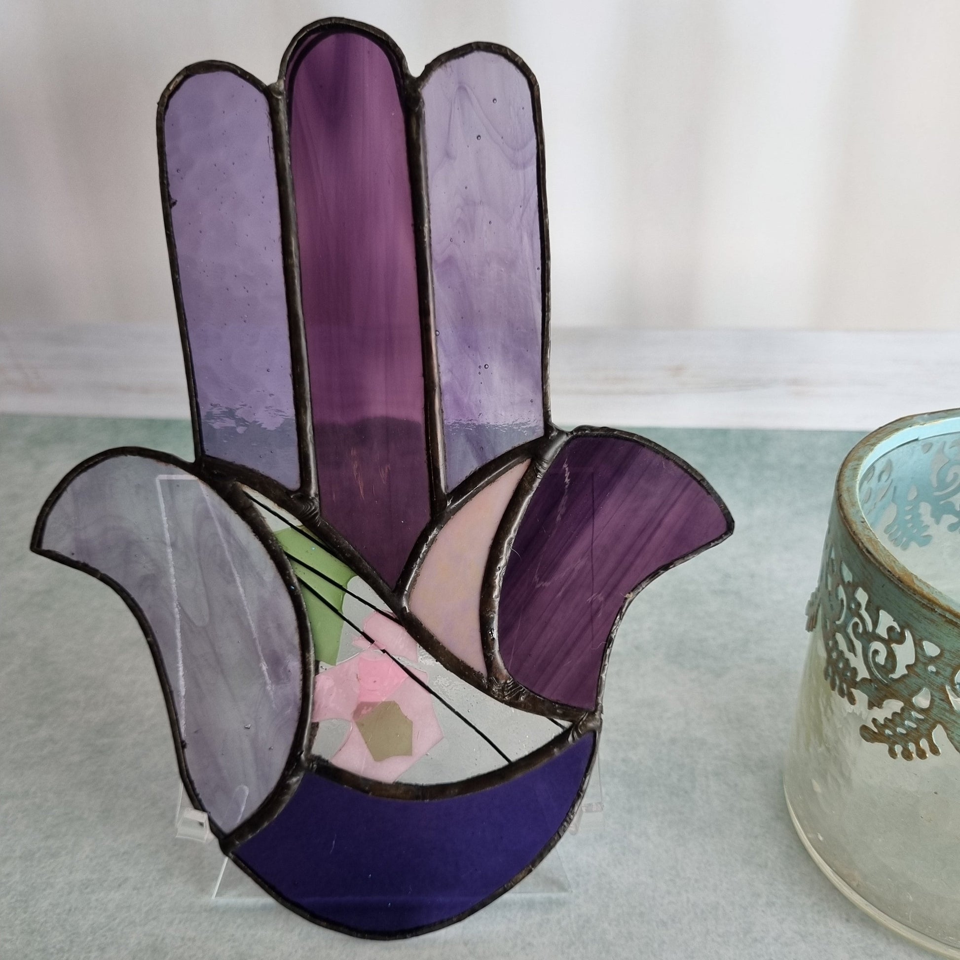 Handmade purple stained glass Hamsa – front view