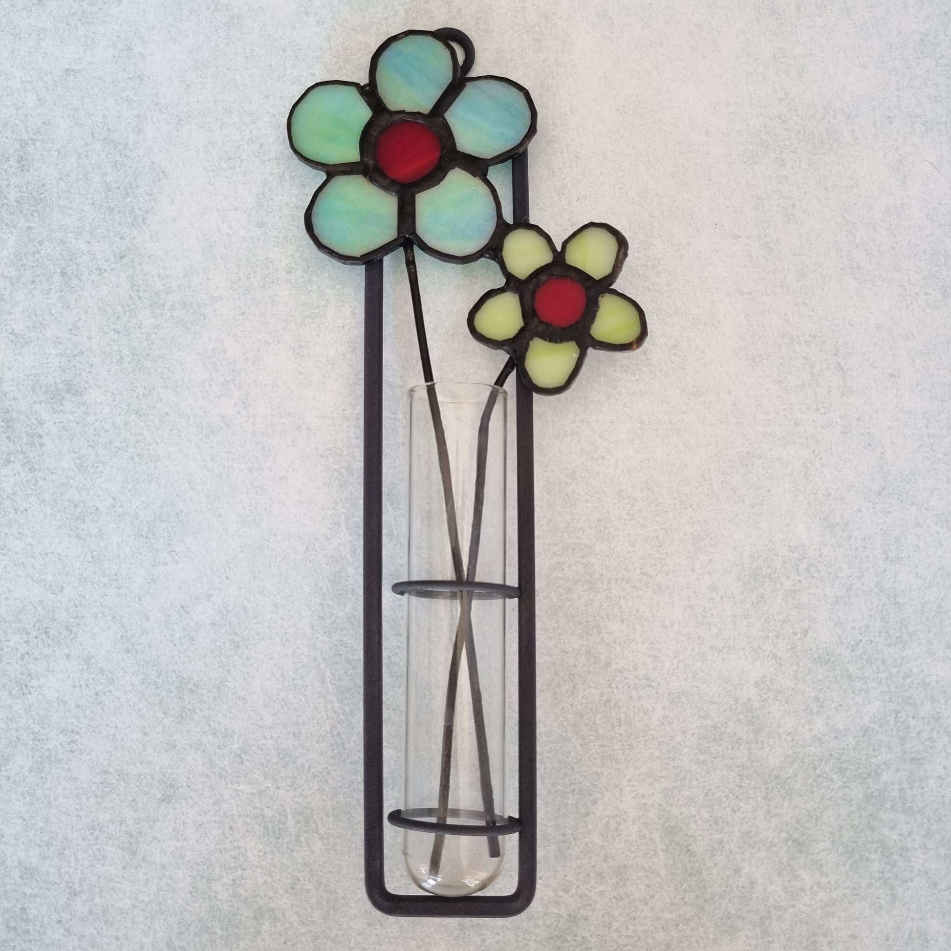 Handmade stained glass wall decoration with green flowers – front view
