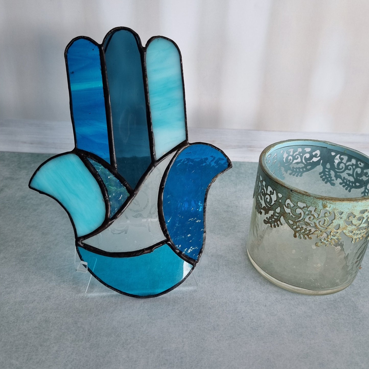 Handmade blue stained glass Hamsa – front view