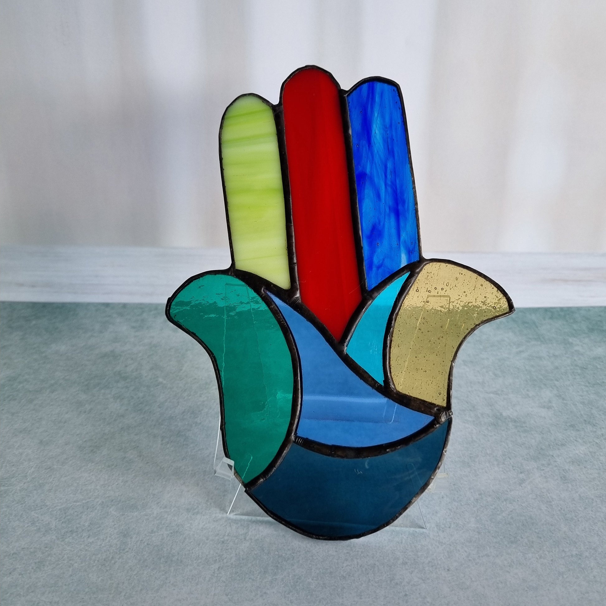 Handmade colorful stained glass Hamsa – front view