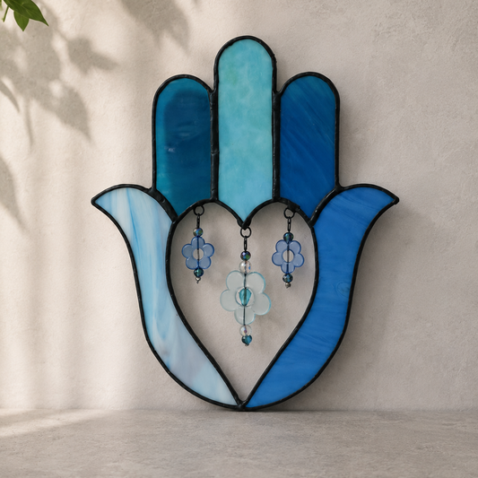 Handmade stained glass Hamsa with colorful beads – front view