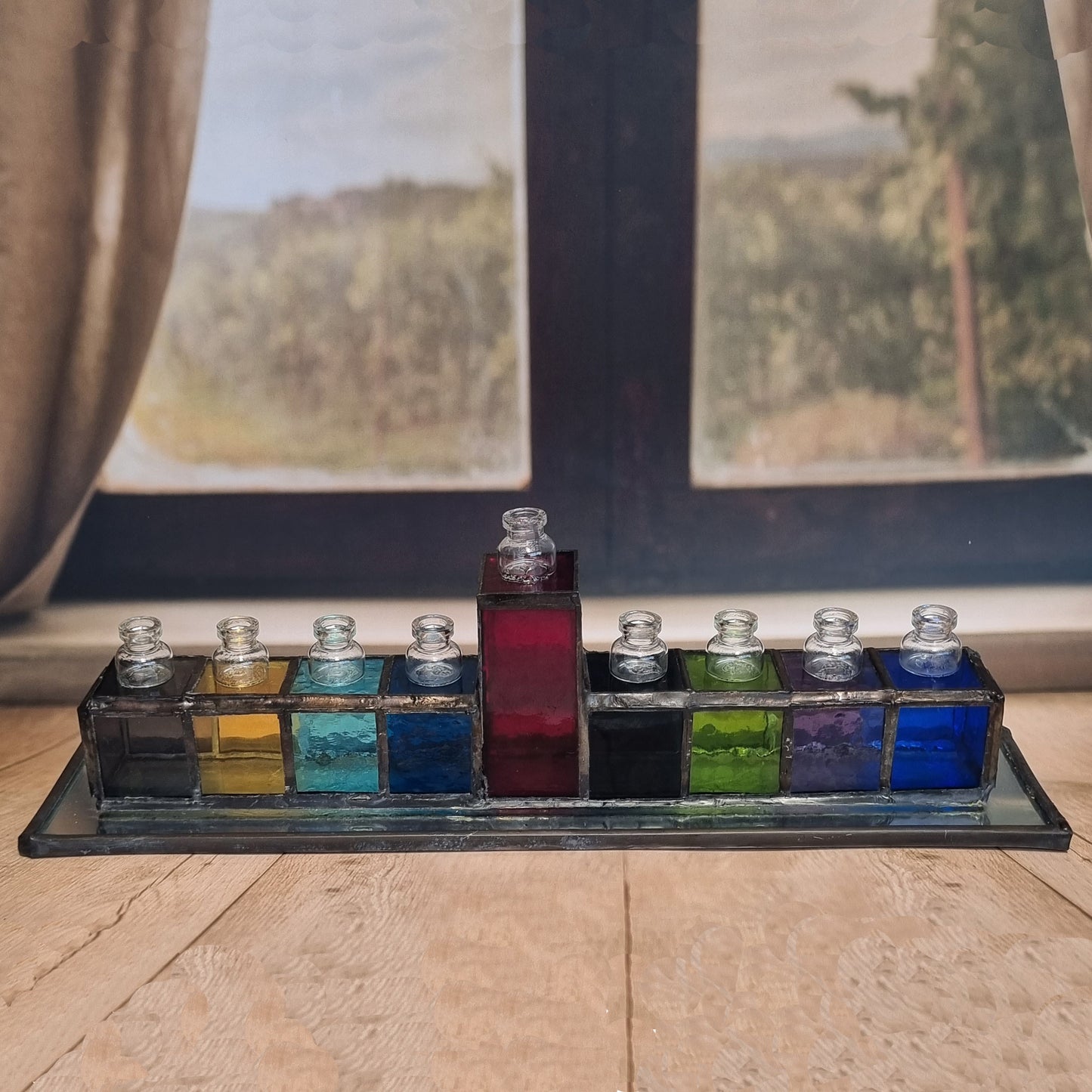 Handmade stained glass Hanukkah menorah – full view with candles