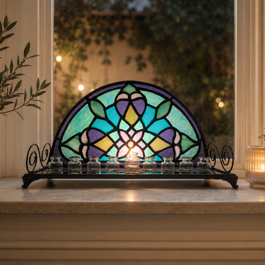 Handmade stained glass Hanukkah menorah with mandala design – front view