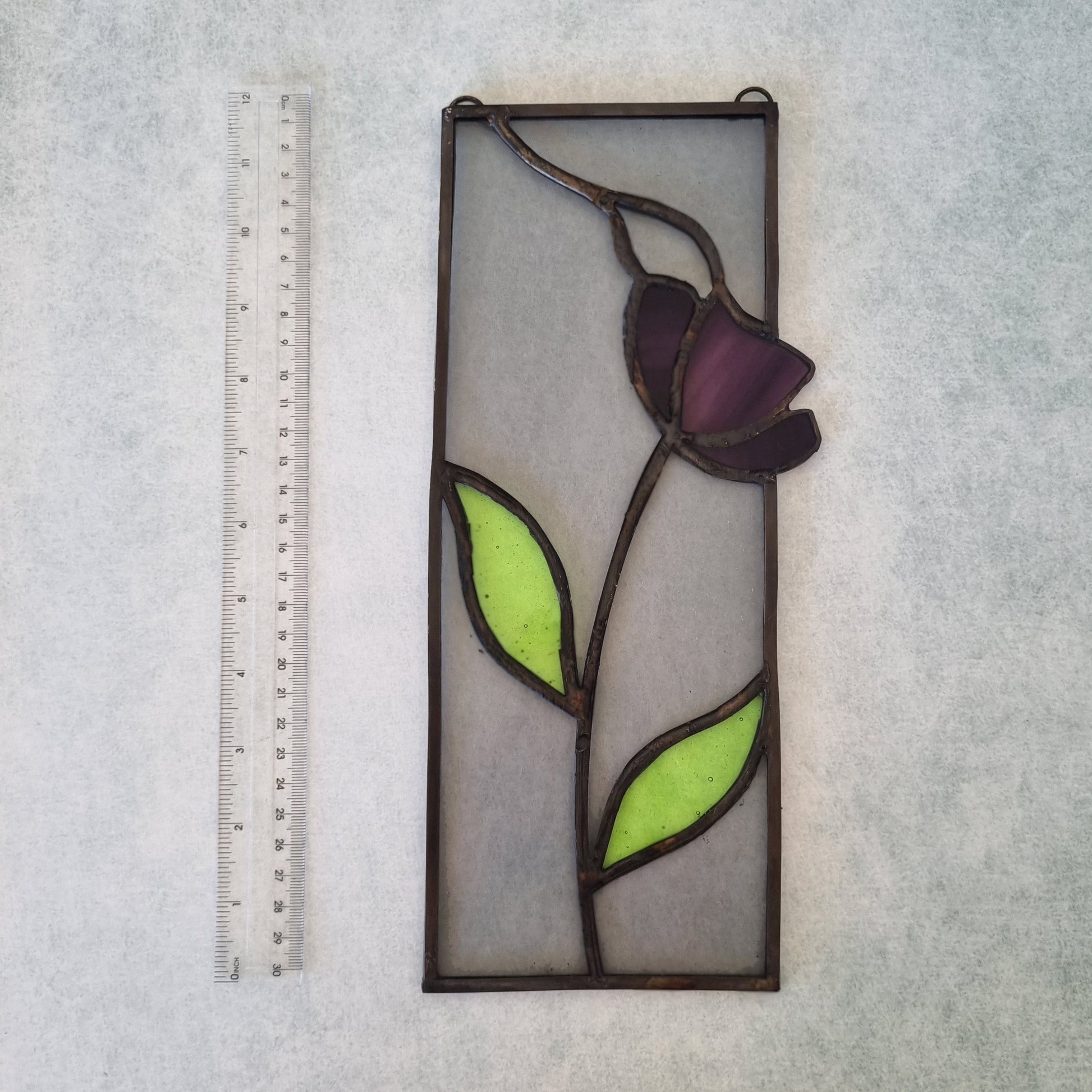 Handmade stained glass picture with decorative purple flower – front view