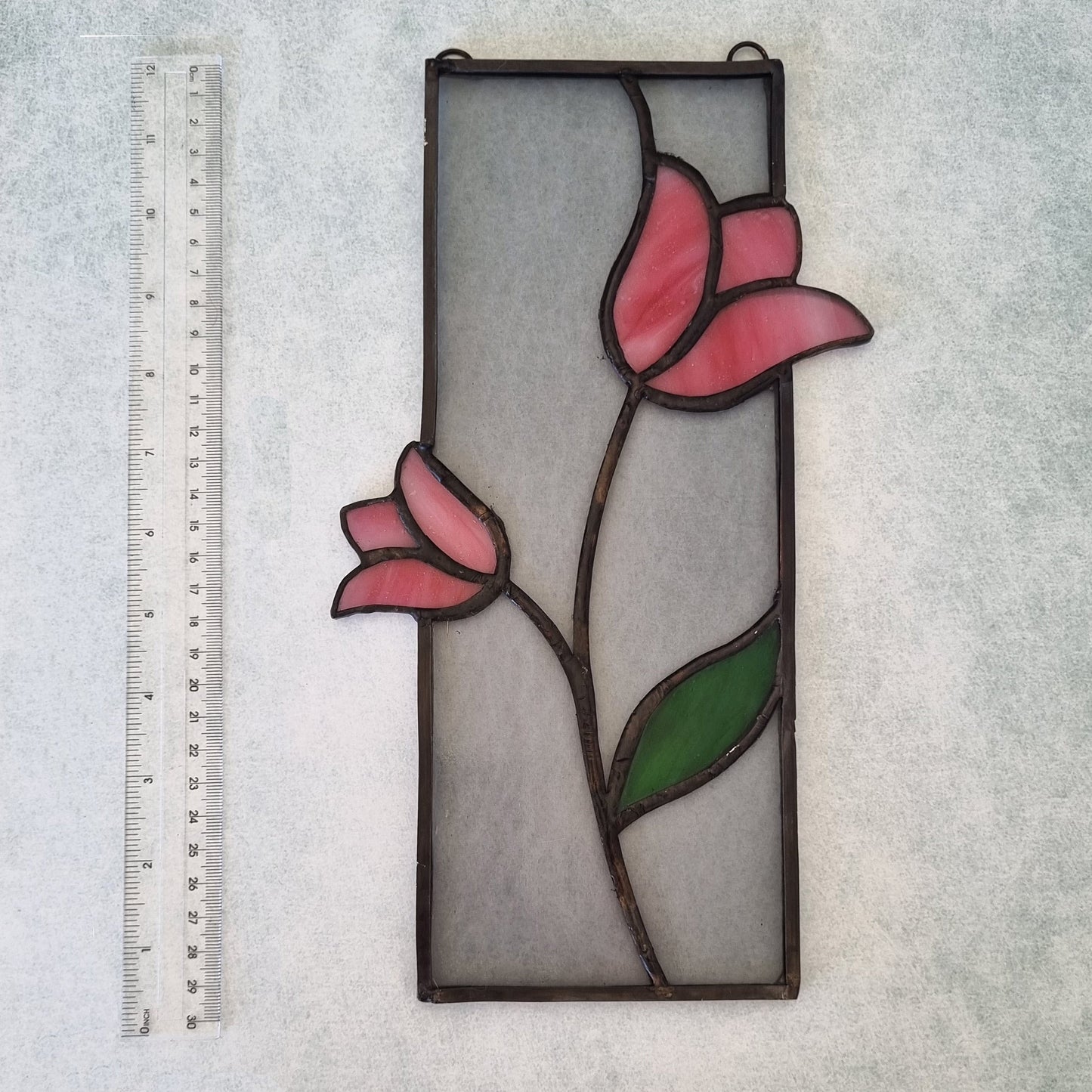 Handmade stained glass picture with decorative tulips – front view