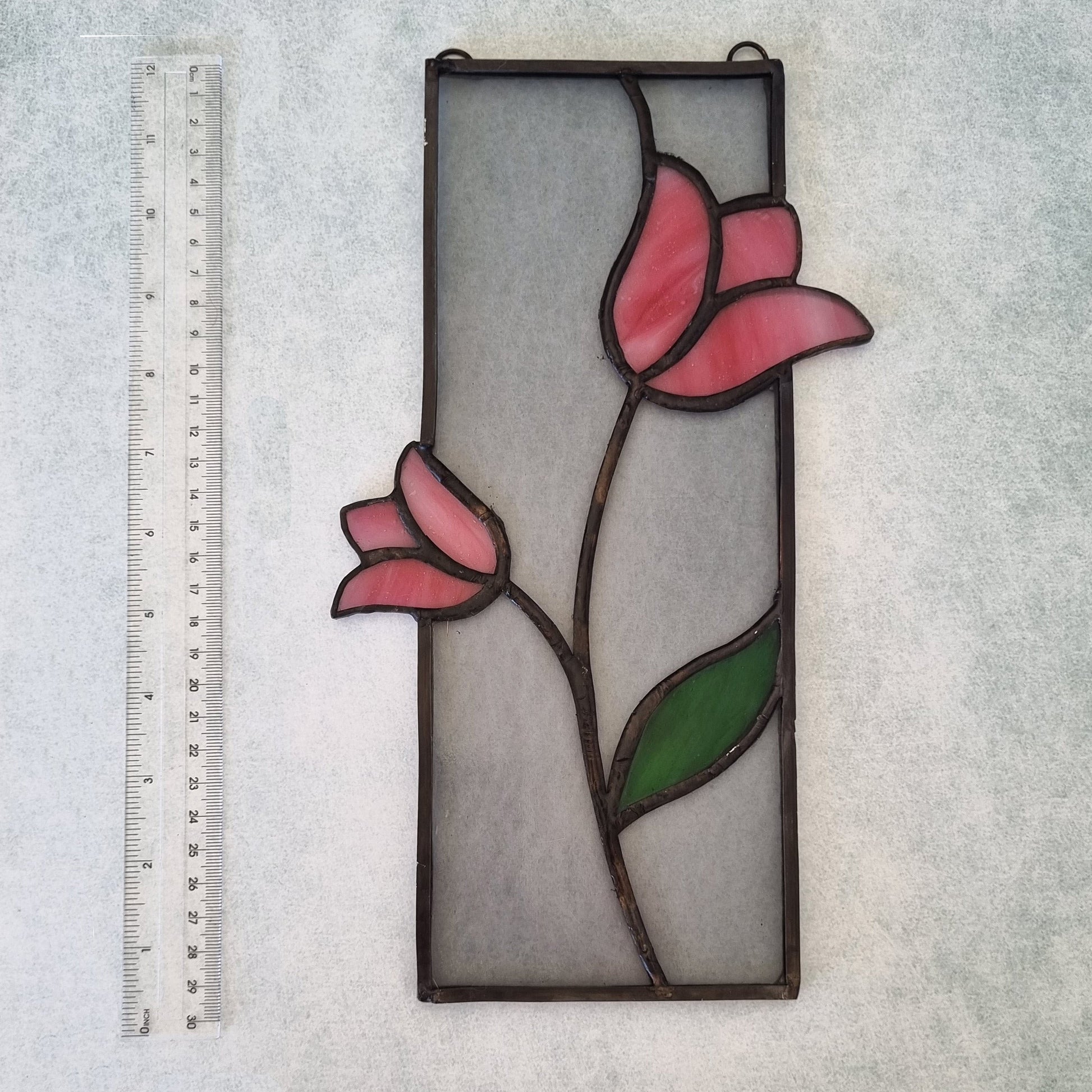 Handmade stained glass picture with decorative tulips – front view