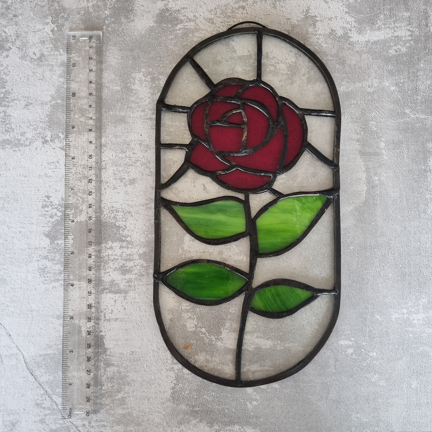 Handmade stained glass red rose picture – front view