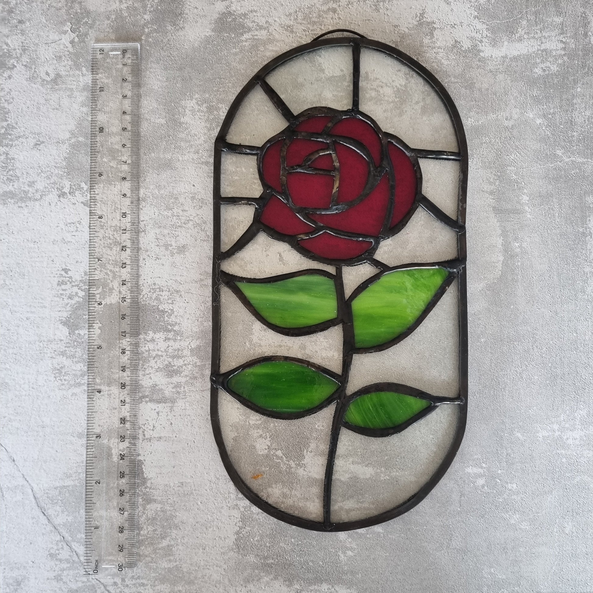 Handmade stained glass red rose picture – front view