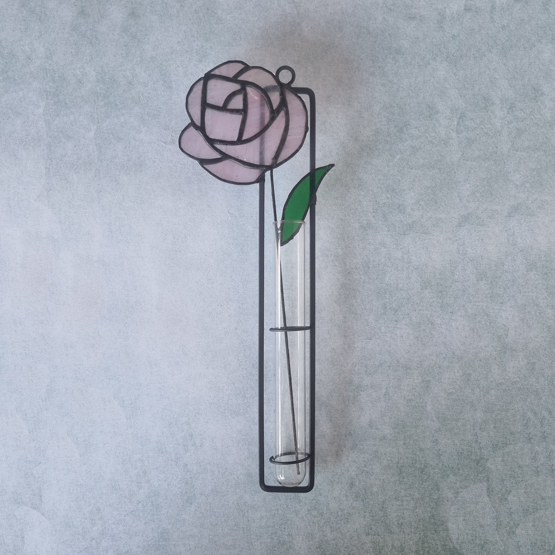Handmade stained glass wall decoration with pink rose – front view
