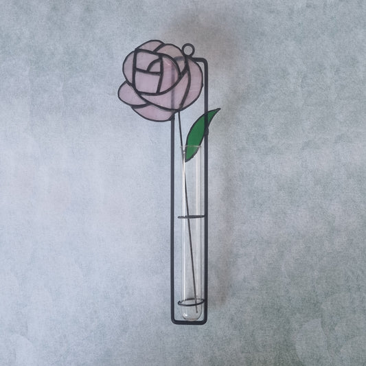 Handmade stained glass wall decoration with pink rose – front view