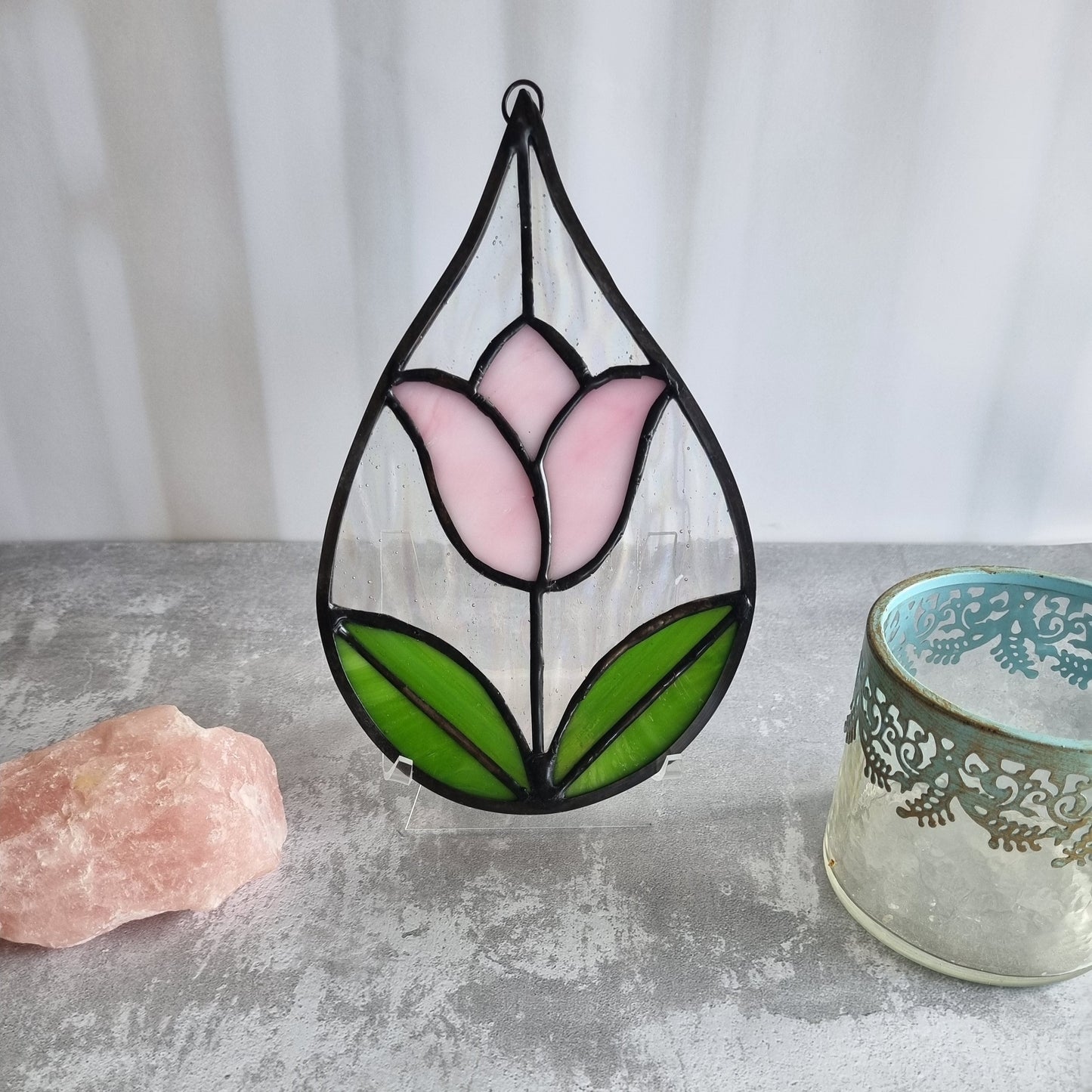 Handmade stained glass drop-shaped picture with pink tulip – front view