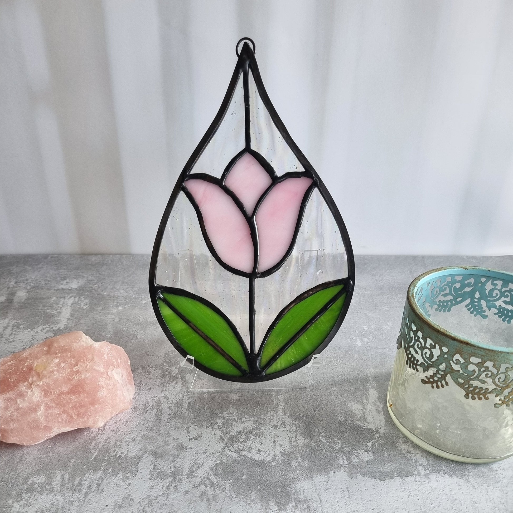 Handmade stained glass drop-shaped picture with pink tulip – front view