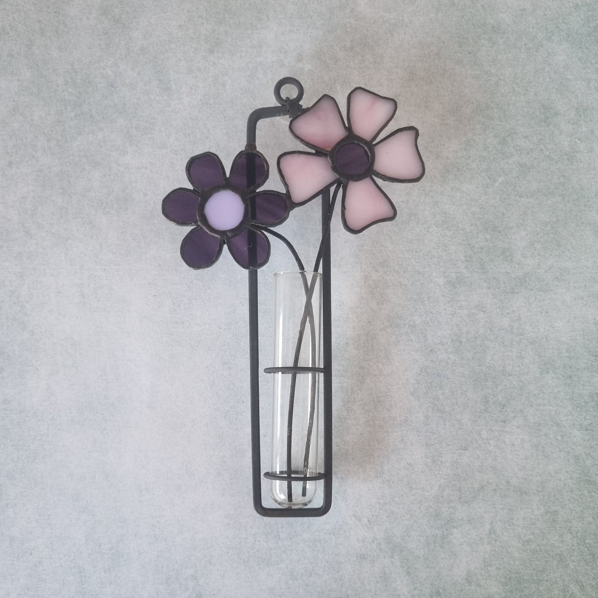 Handmade stained glass wall decoration with purple flowers – front view
