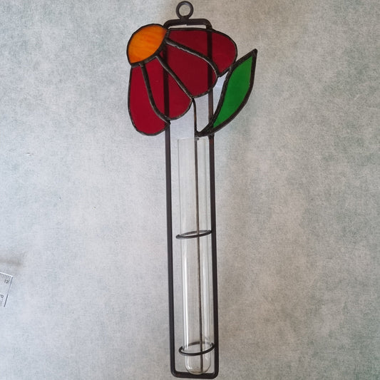Handmade stained glass wall decoration with red flower – front view