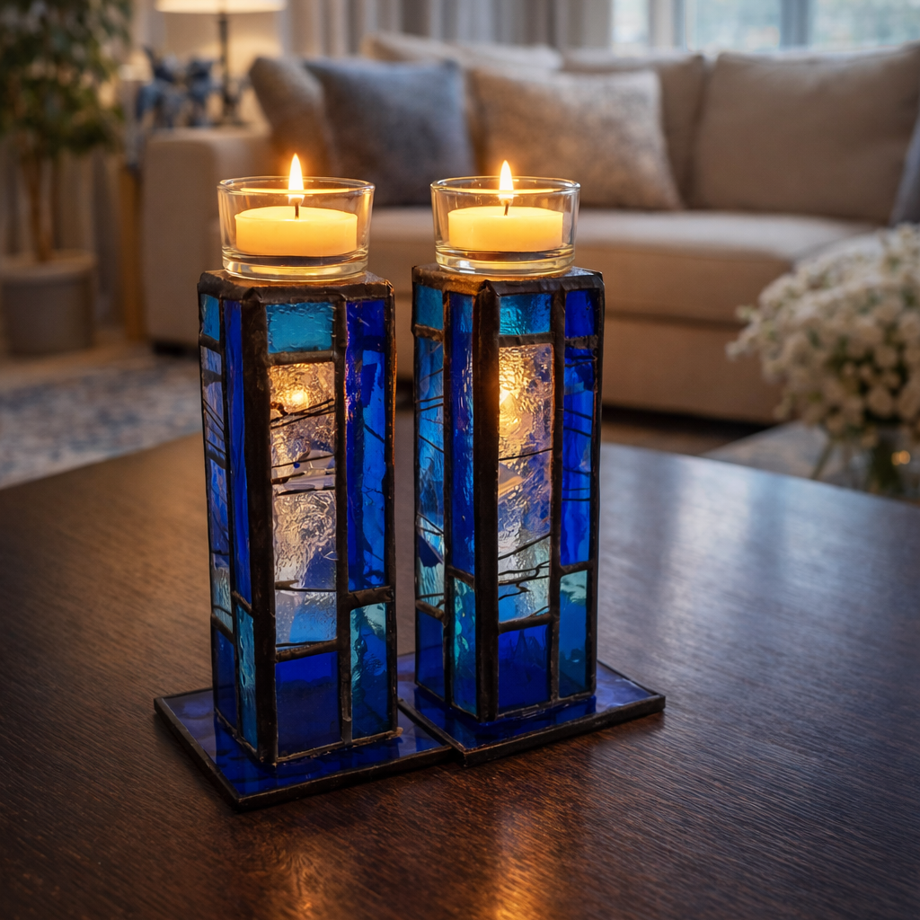 Two candle holders with stained glass design on a table in a living room.