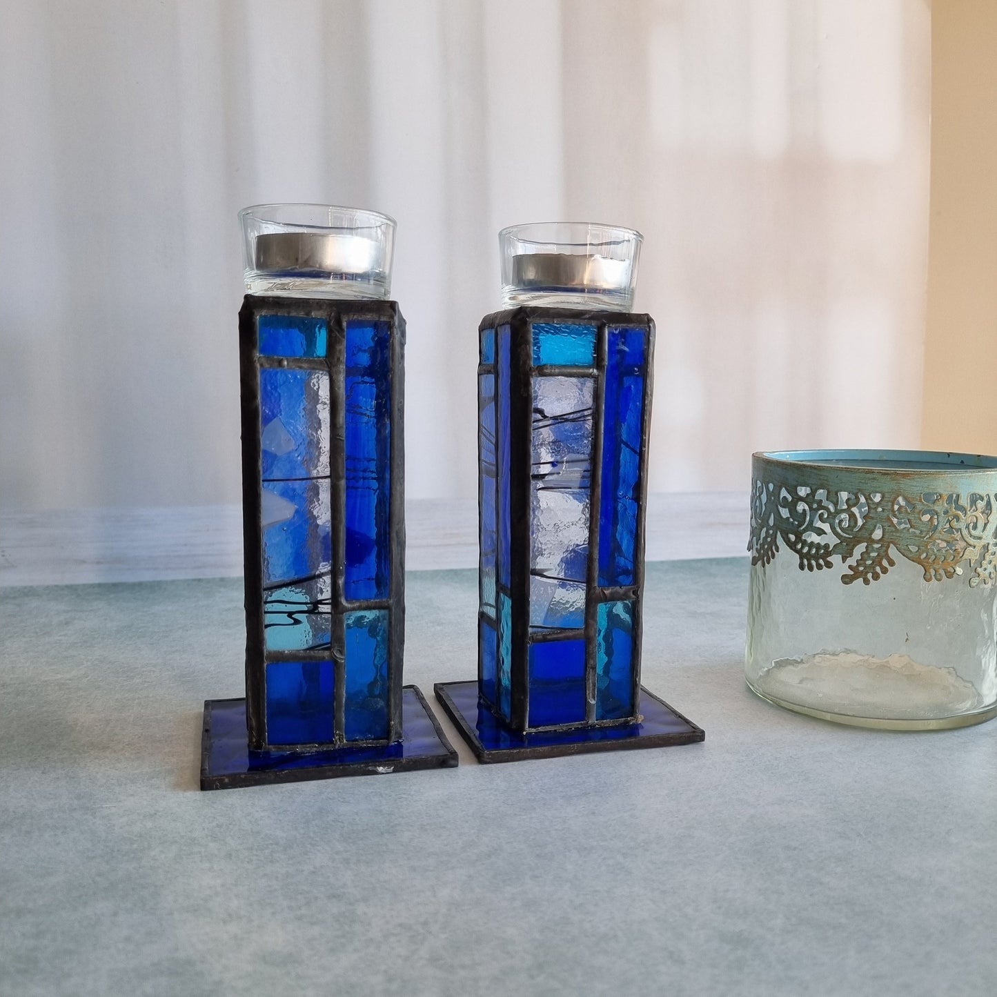 Handmade stained glass Shabbat candle holders set – front view