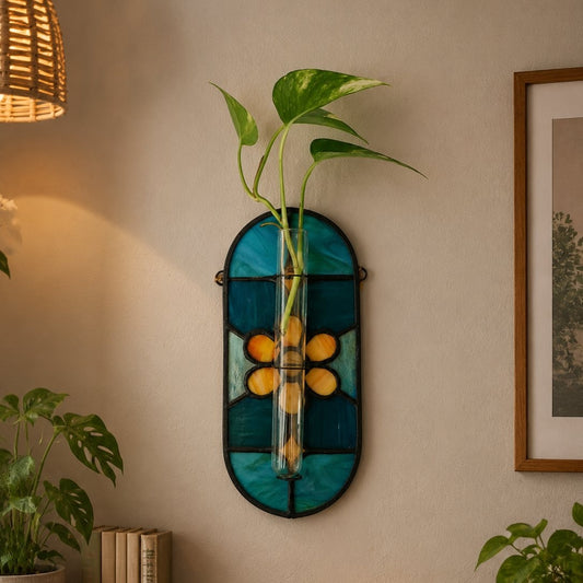 Decorative wall art with plants and books on a shelf against a beige wall.