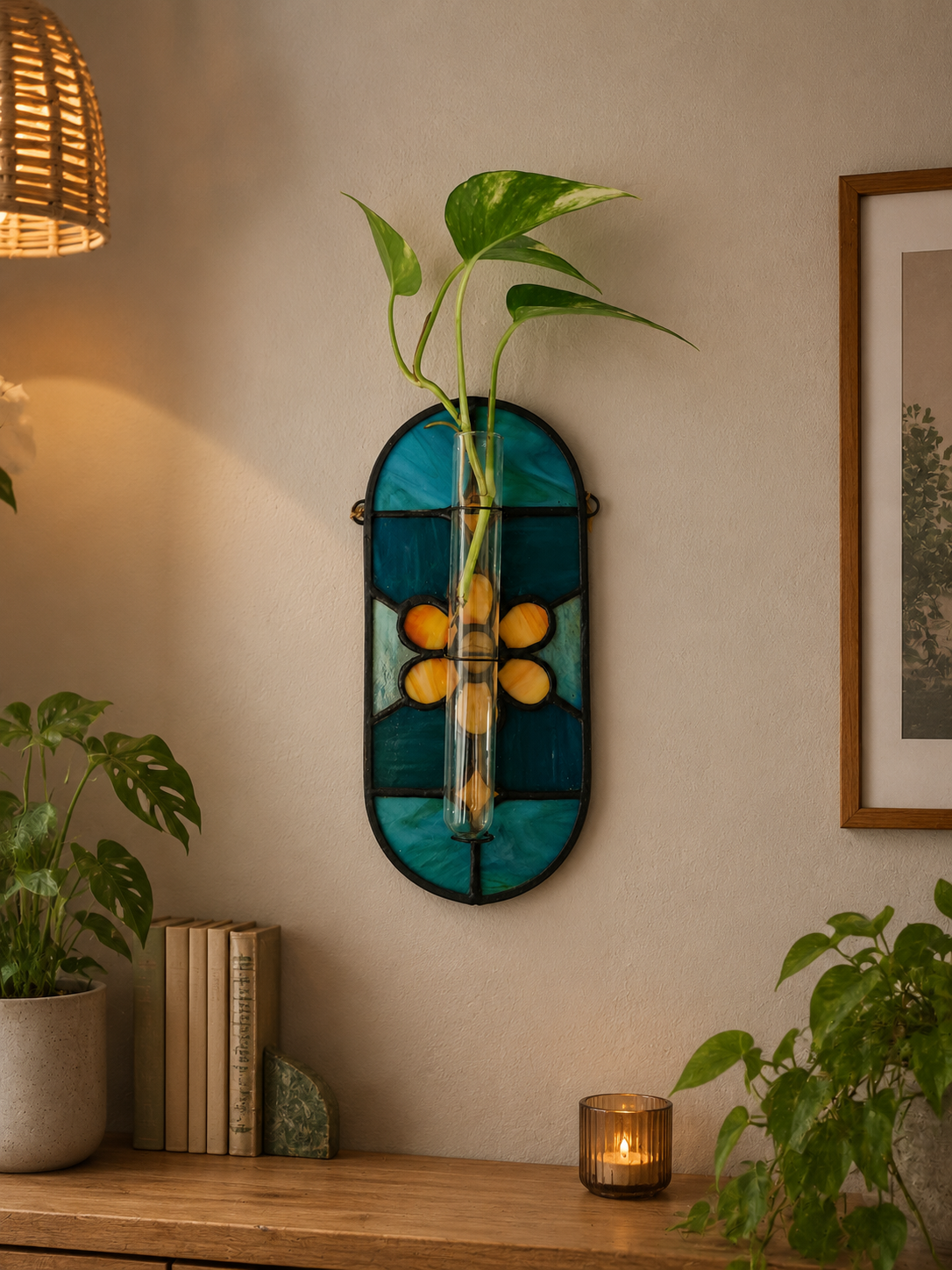 Handmade stained glass wall hanging planter with small plant
