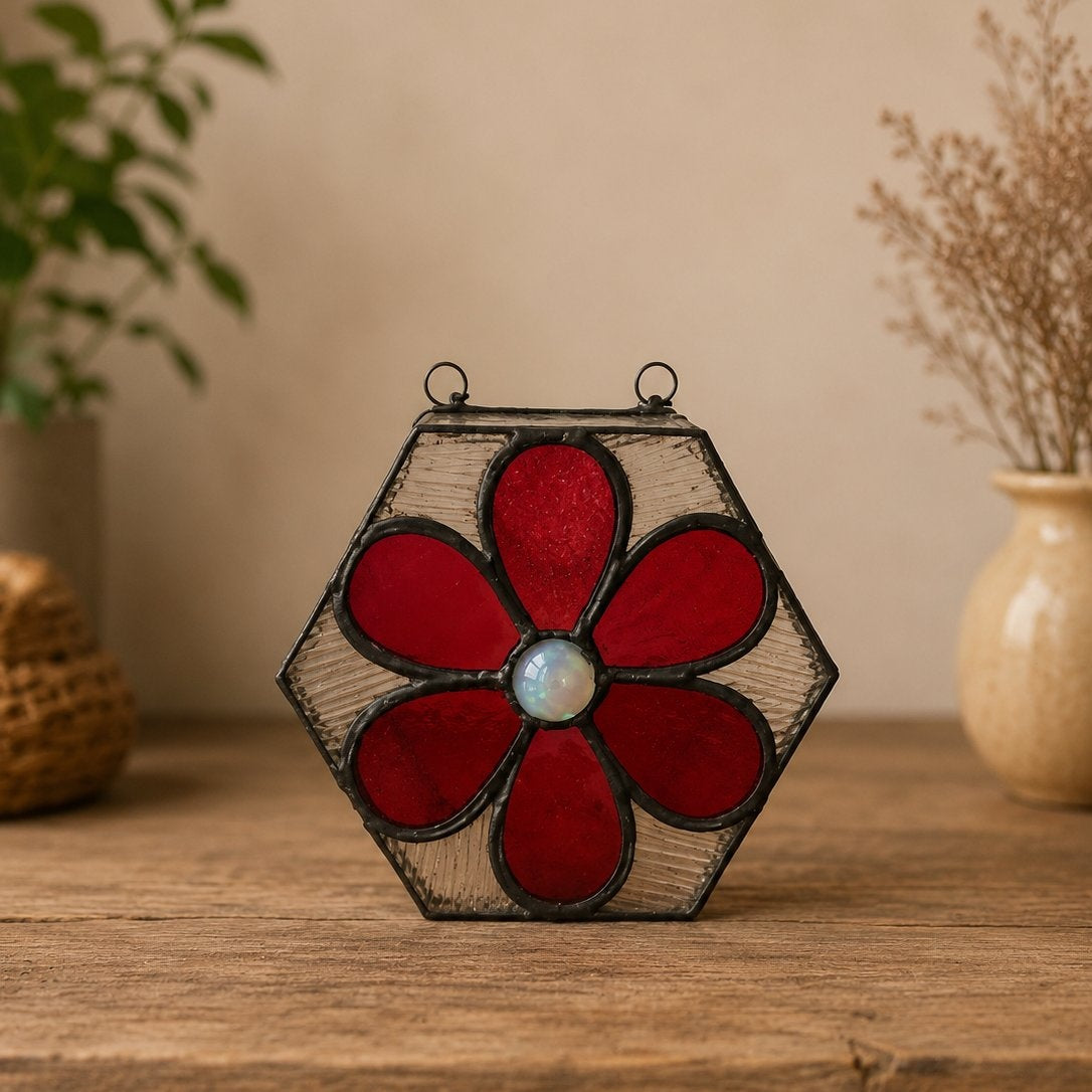 Hexagonal stained glass piece with a red flower design on a wooden surface.