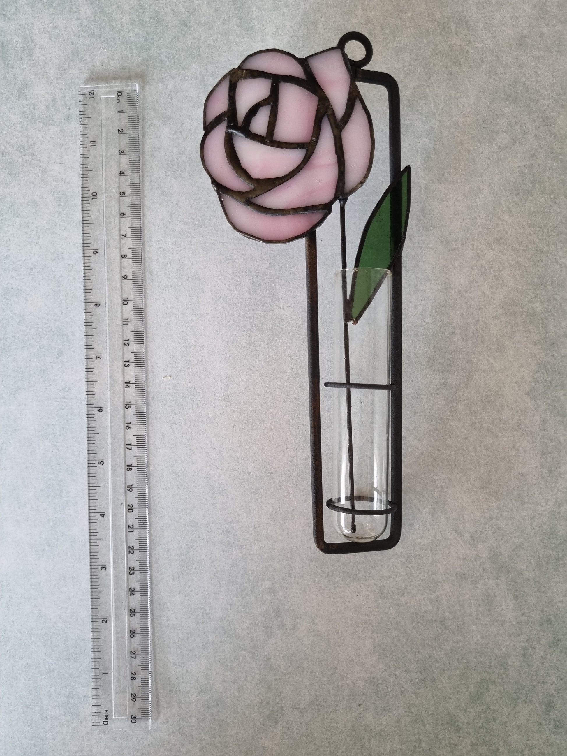 Metal frame glass test tube wall decoration with rose – side view