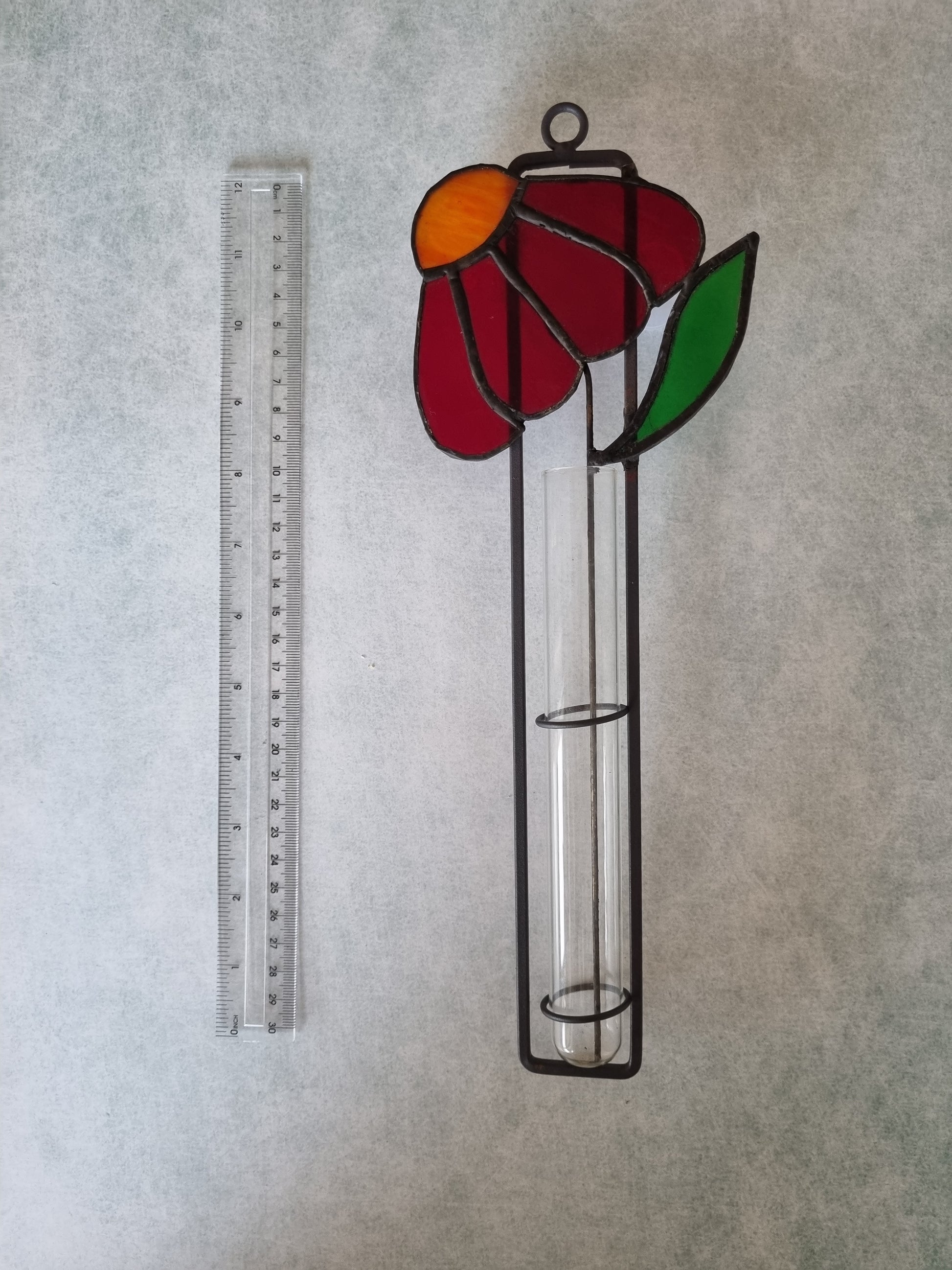 Red flower stained glass wall art – side view