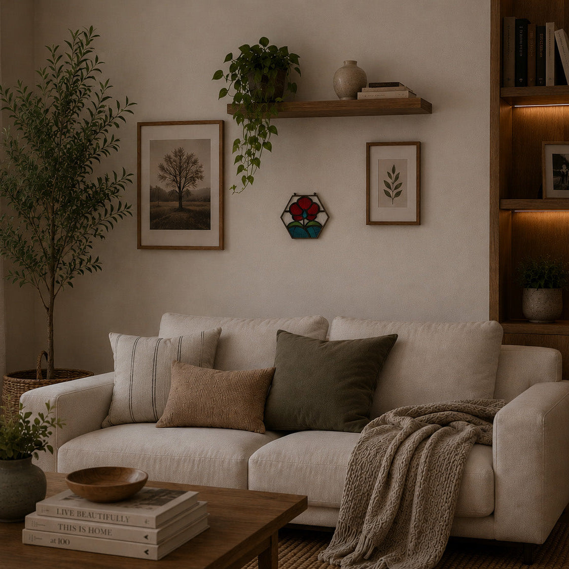 Cozy living room with a beige sofa, wooden coffee table, and decorative elements.