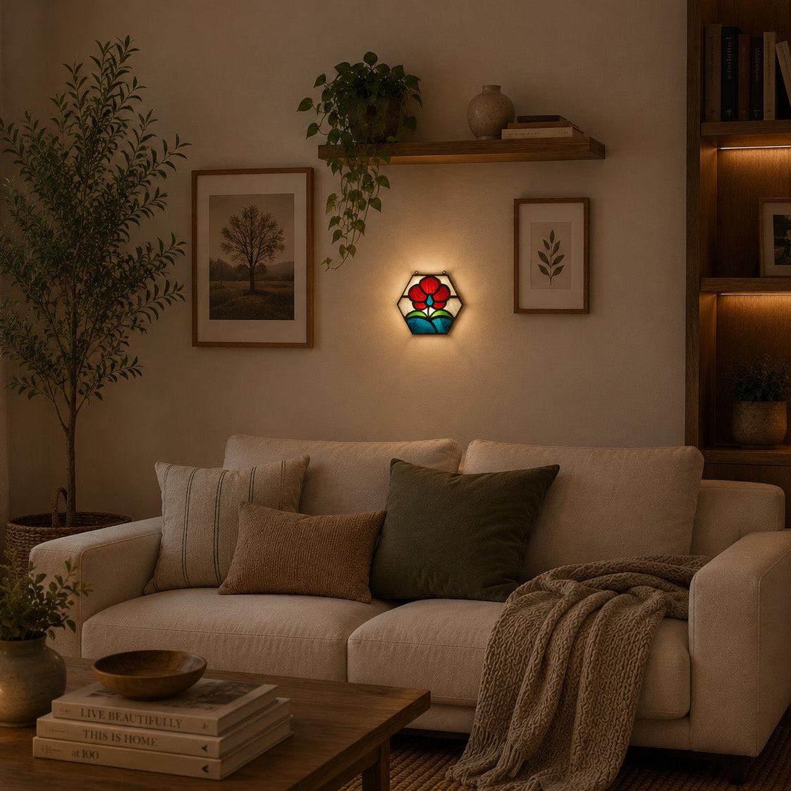 Cozy living room with a beige sofa, coffee table, and decorative wall light.